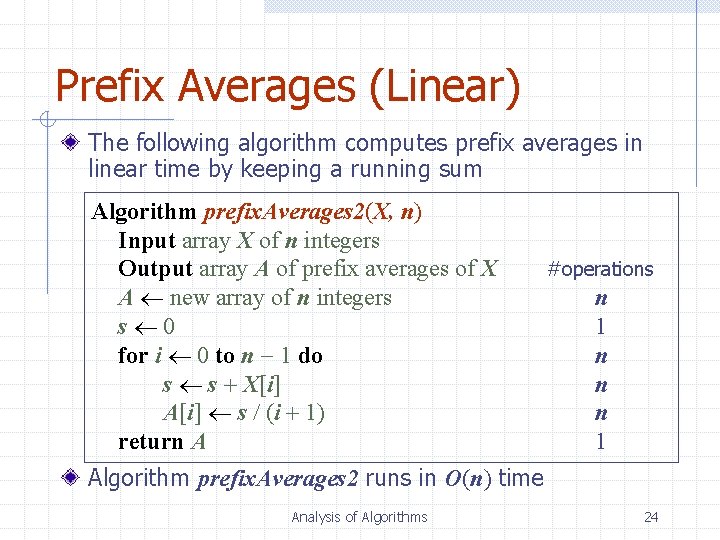 Prefix Averages (Linear) The following algorithm computes prefix averages in linear time by keeping
