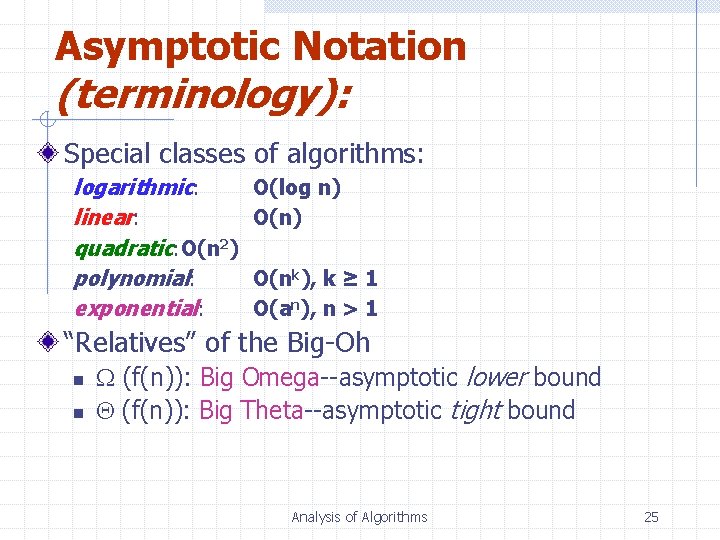 Asymptotic Notation (terminology): Special classes of algorithms: logarithmic: linear: quadratic: O(n 2) polynomial: exponential: