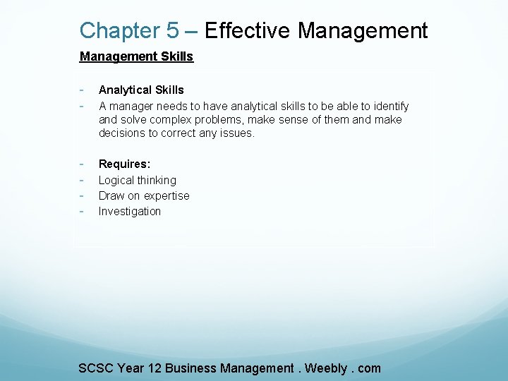 Chapter 5 – Effective Management Skills - Analytical Skills A manager needs to have