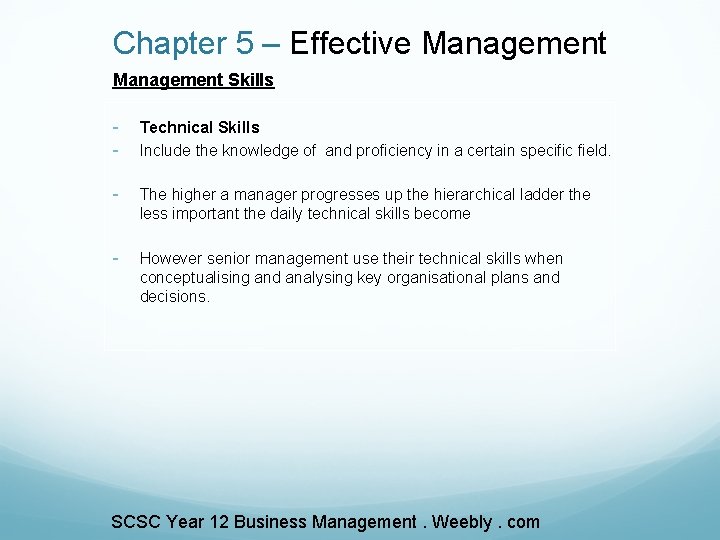 Chapter 5 – Effective Management Skills - Technical Skills Include the knowledge of and