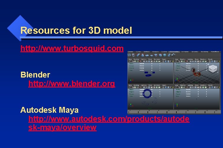 Resources for 3 D model http: //www. turbosquid. com Blender http: //www. blender. org