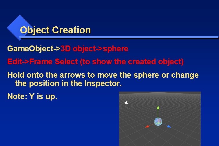 Object Creation Game. Object->3 D object->sphere Edit->Frame Select (to show the created object) Hold