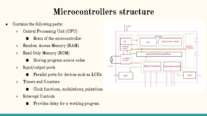 Microcontrollers structure ● Contains the following parts: ○ Central Processing Unit (CPU) ■ Brain