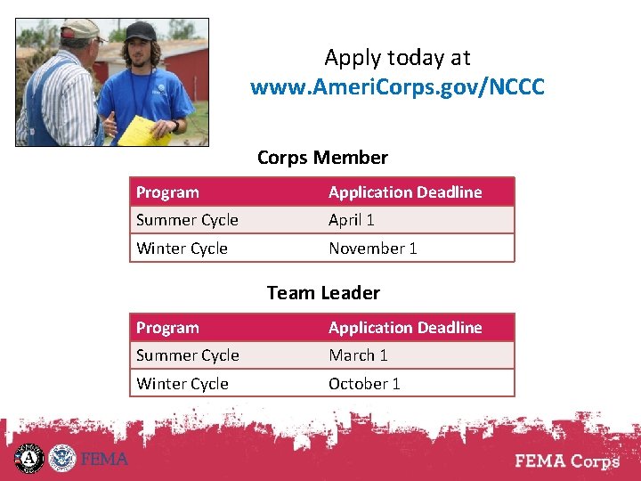 Apply today at www. Ameri. Corps. gov/NCCC Corps Member Program Application Deadline Summer Cycle