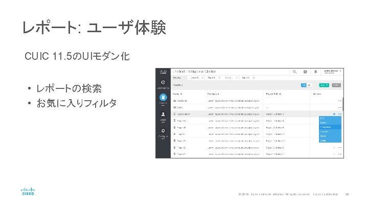 レポート: ユーザ体験 CUIC 11. 5のUIモダン化 • レポートの検索 • お気に入りフィルタ © 2016 Cisco and/or its