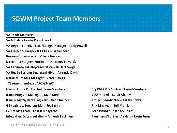 SQWM Project Team Members VA Team Members: VA Initiative Lead – Craig Powell VA