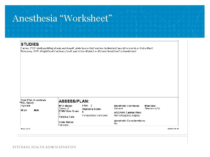 Anesthesia “Worksheet” VETERANS HEALTH ADMINISTRATION 