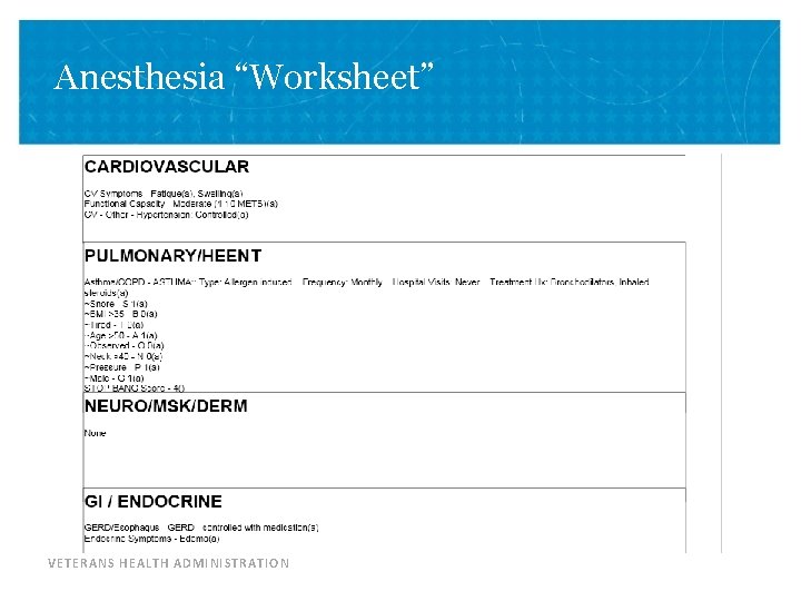 Anesthesia “Worksheet” VETERANS HEALTH ADMINISTRATION 