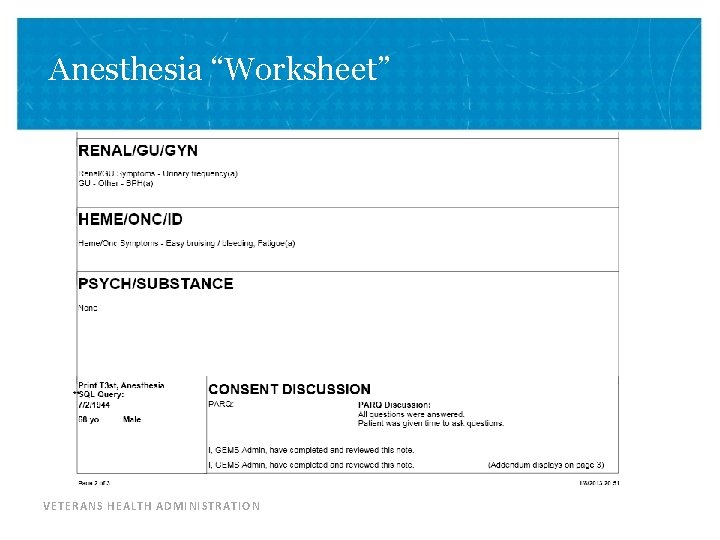 Anesthesia “Worksheet” VETERANS HEALTH ADMINISTRATION 