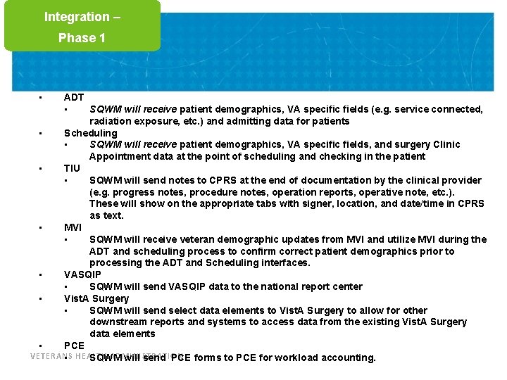 Integration Training – Phase 1 • ADT • SQWM will receive patient demographics, VA