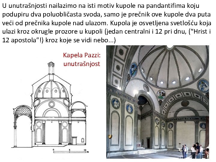 U unutrašnjosti nailazimo na isti motiv kupole na pandantifima koju podupiru dva poluobličasta svoda,