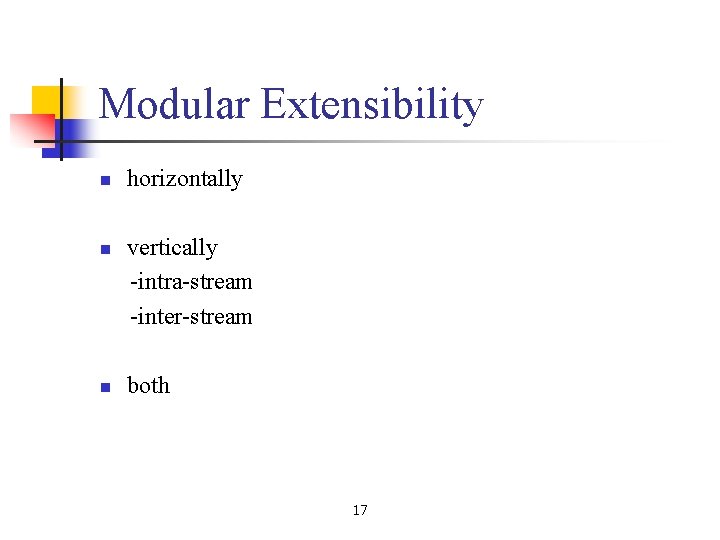Modular Extensibility n n n horizontally vertically -intra-stream -inter-stream both 17 