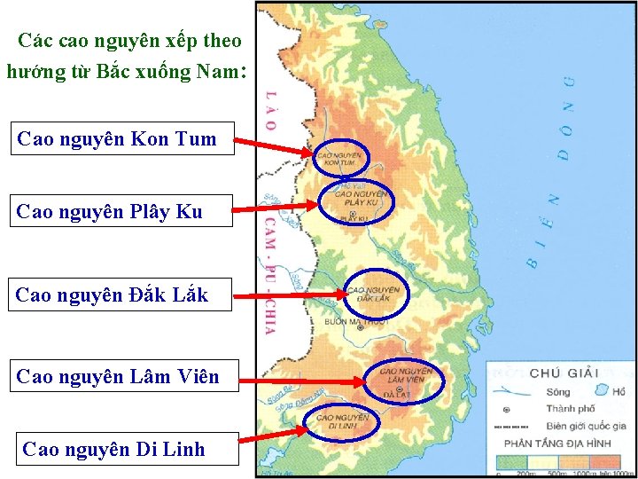 Các cao nguyên xếp theo hướng từ Bắc xuống Nam: Cao nguyên Kon Tum
