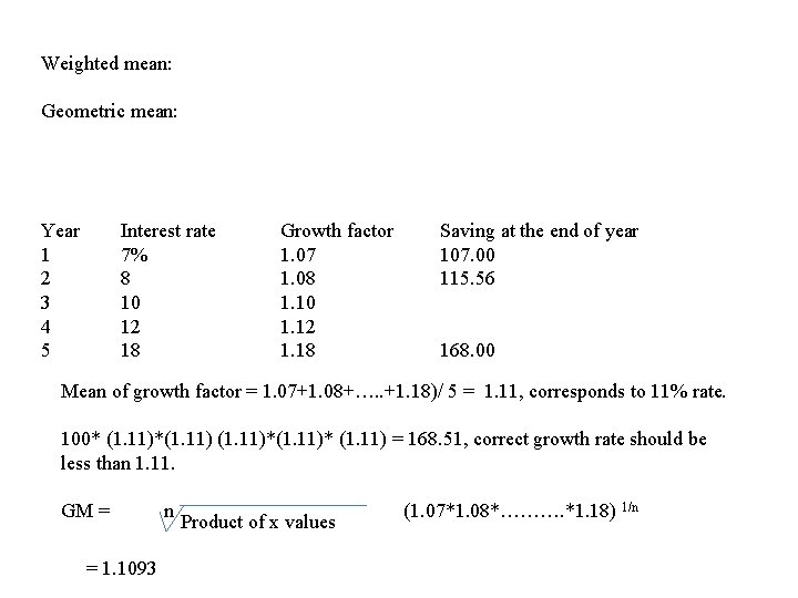 Weighted mean: Geometric mean: Year 1 2 3 4 5 Interest rate 7% 8