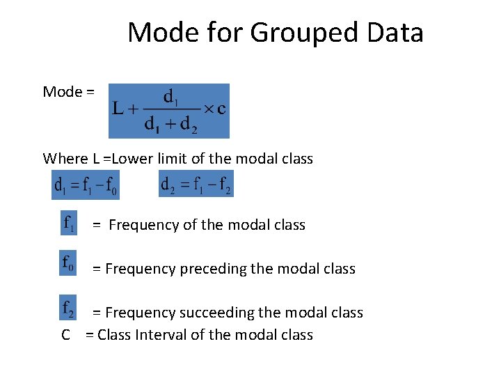 Mode for Grouped Data Mode = Where L =Lower limit of the modal class