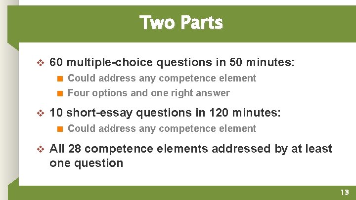 Two Parts v 60 multiple-choice questions in 50 minutes: ■ Could address any competence