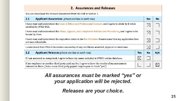 All assurances must be marked “yes” or your application will be rejected. Releases are