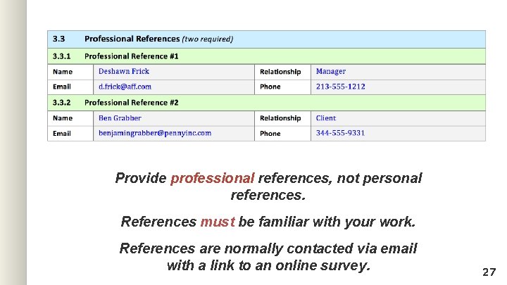 Provide professional references, not personal references. References must be familiar with your work. References