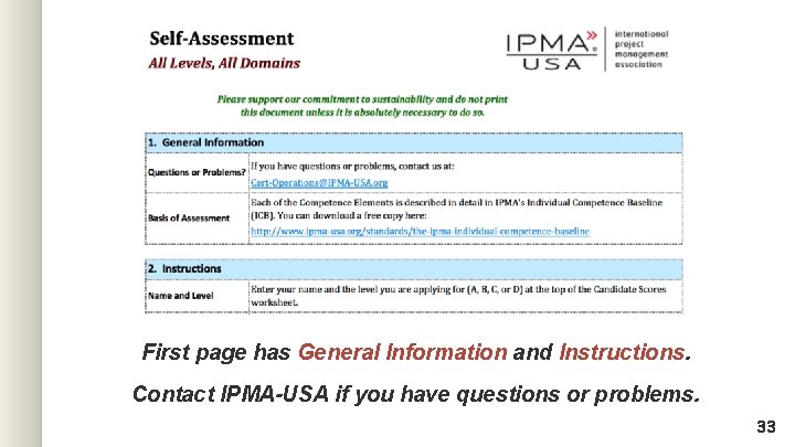 First page has General Information and Instructions. Contact IPMA-USA if you have questions or