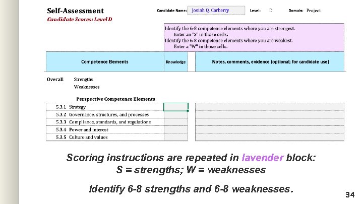 Scoring instructions are repeated in lavender block: S = strengths; W = weaknesses Identify