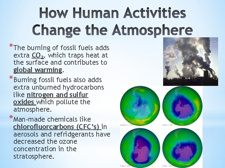 *The burning of fossil fuels adds extra CO 2, which traps heat at the *The burning of fossil fuels adds extra CO 2, which traps heat at the