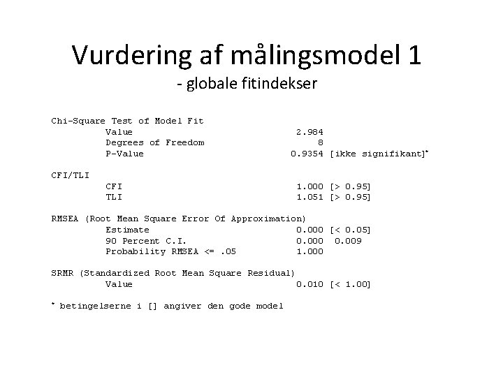 Vurdering af målingsmodel 1 - globale fitindekser Chi-Square Test of Model Fit Value Degrees