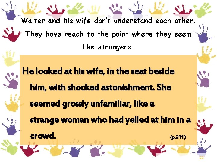 Walter and his wife don’t understand each other. They have reach to the point