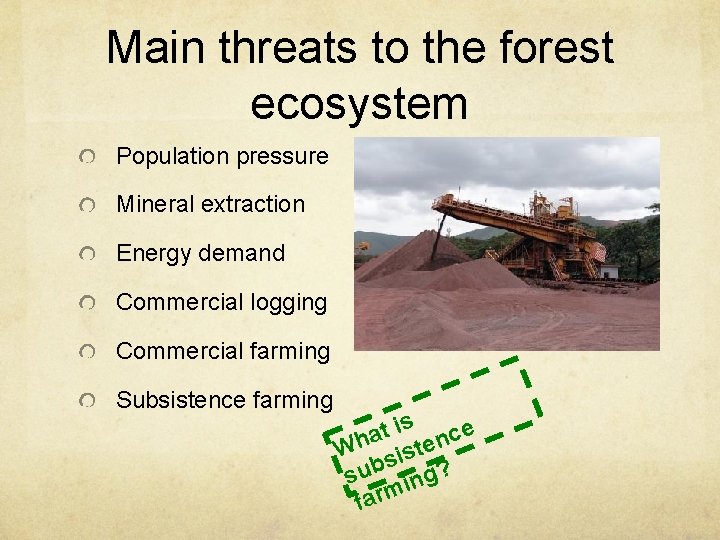 Main threats to the forest ecosystem Population pressure Mineral extraction Energy demand Commercial logging Main threats to the forest ecosystem Population pressure Mineral extraction Energy demand Commercial logging