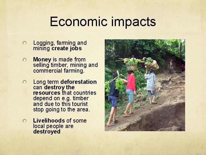 Economic impacts Logging, farming and mining create jobs Money is made from selling timber, Economic impacts Logging, farming and mining create jobs Money is made from selling timber,
