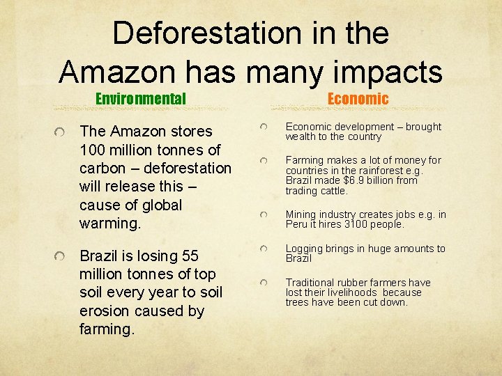 Deforestation in the Amazon has many impacts Environmental Economic The Amazon stores 100 million Deforestation in the Amazon has many impacts Environmental Economic The Amazon stores 100 million