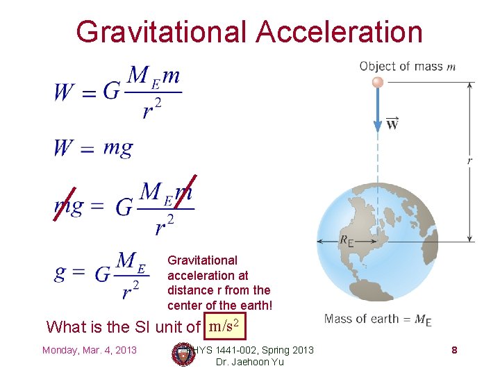 Gravitational Acceleration Gravitational acceleration at distance r from the center of the earth! m/s