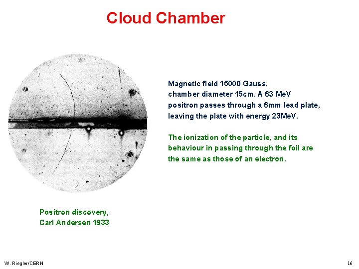 Cloud Chamber Magnetic field 15000 Gauss, chamber diameter 15 cm. A 63 Me. V