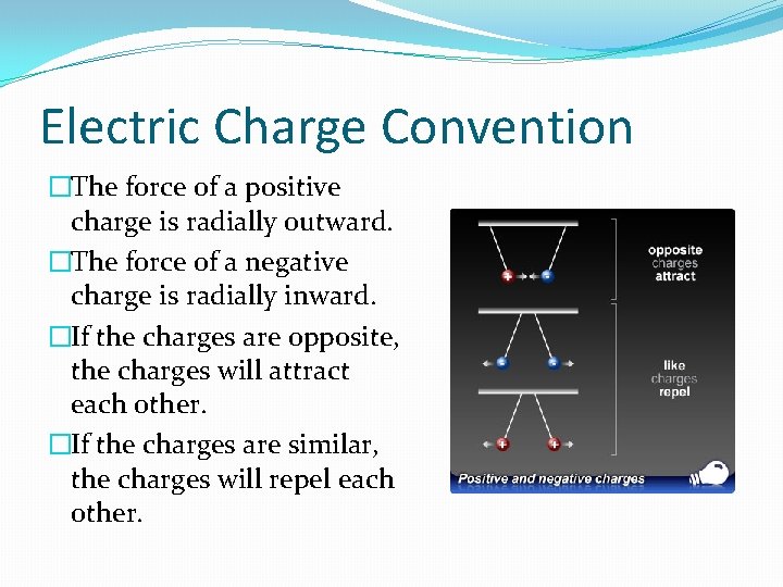 Electric Charge Convention �The force of a positive charge is radially outward. �The force