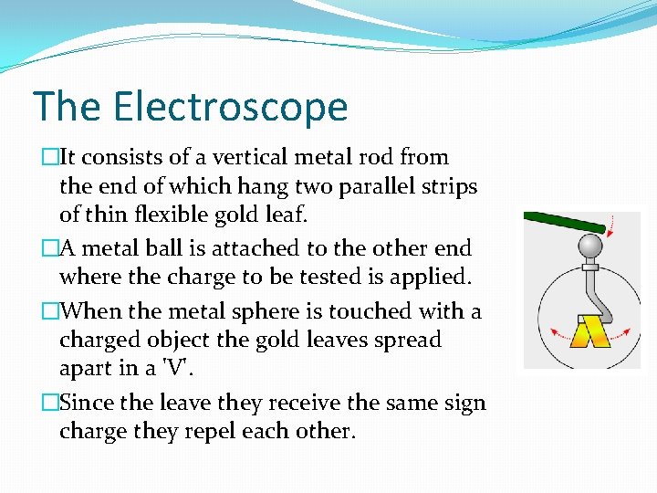 The Electroscope �It consists of a vertical metal rod from the end of which