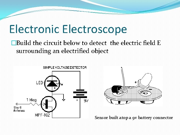 Electronic Electroscope �Build the circuit below to detect the electric field E surrounding an