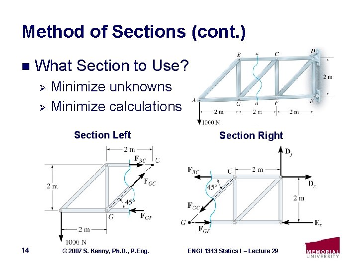 Method of Sections (cont. ) n What Section to Use? Minimize unknowns Ø Minimize