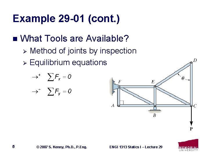 Example 29 -01 (cont. ) n What Tools are Available? Method of joints by