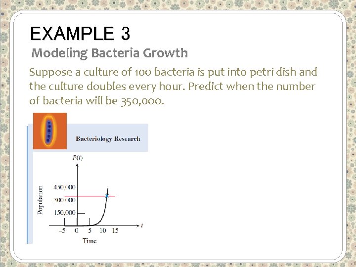 EXAMPLE 3 Modeling Bacteria Growth Suppose a culture of 100 bacteria is put into