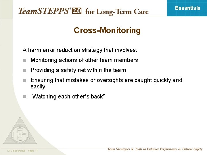 Essentials Cross-Monitoring A harm error reduction strategy that involves: n Monitoring actions of other