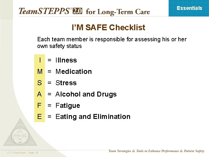 Essentials I’M SAFE Checklist Each team member is responsible for assessing his or her