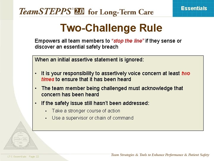 Essentials Two-Challenge Rule Empowers all team members to “stop the line” if they sense