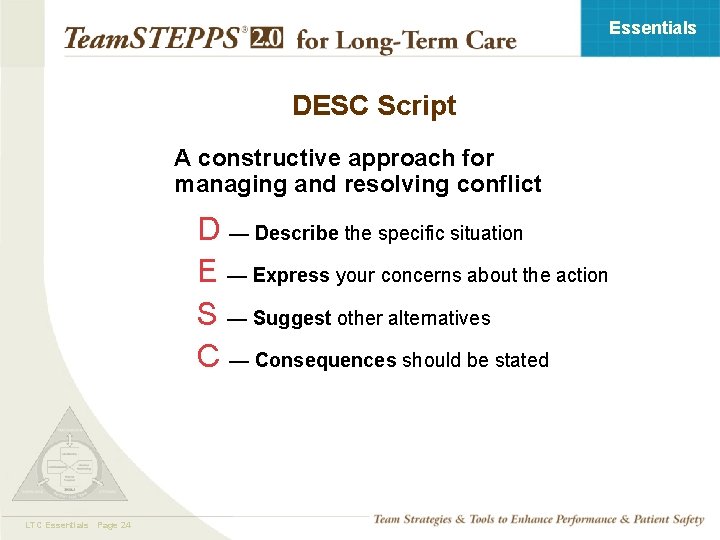 Essentials DESC Script A constructive approach for managing and resolving conflict D — Describe