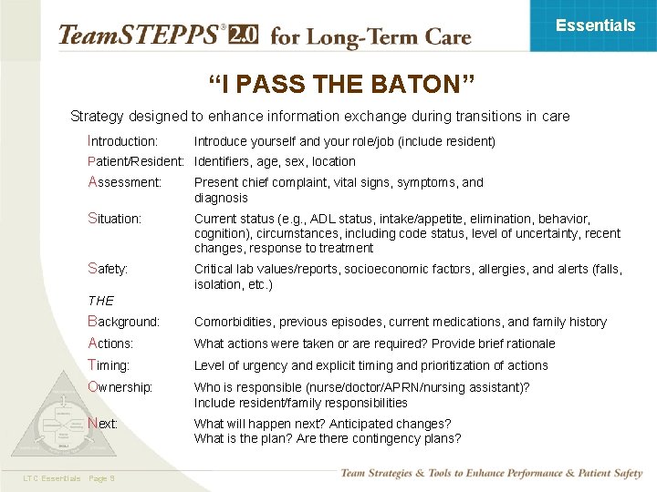 Essentials “I PASS THE BATON” Strategy designed to enhance information exchange during transitions in