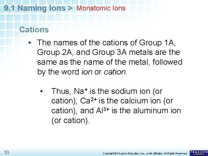 9. 1 Naming Ions > Monatomic Ions Cations • The names of the cations