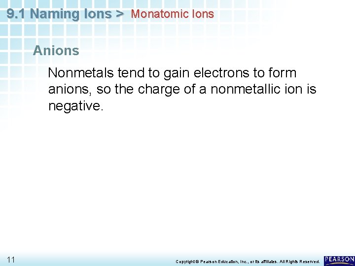 9. 1 Naming Ions > Monatomic Ions Anions Nonmetals tend to gain electrons to