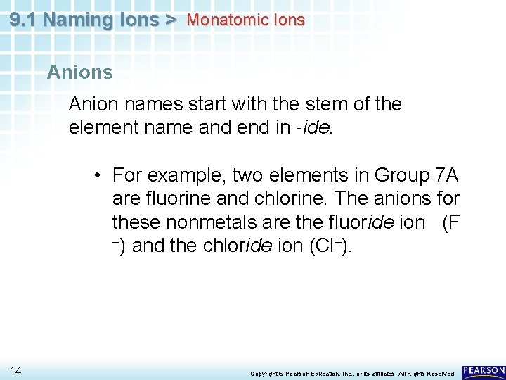 9. 1 Naming Ions > Monatomic Ions Anion names start with the stem of