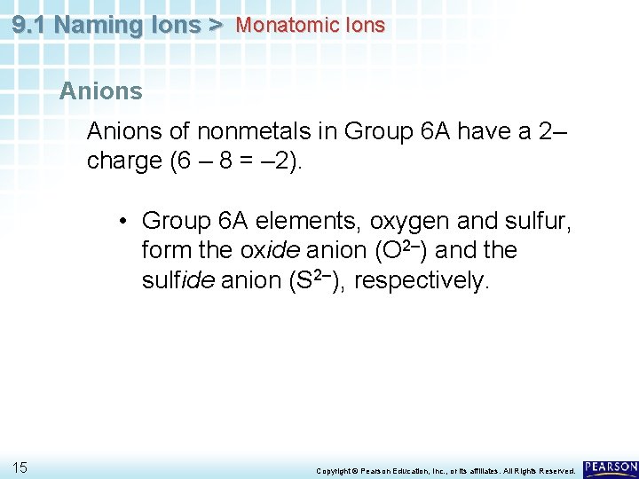 9. 1 Naming Ions > Monatomic Ions Anions of nonmetals in Group 6 A