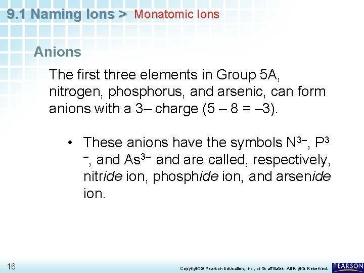 9. 1 Naming Ions > Monatomic Ions Anions The first three elements in Group