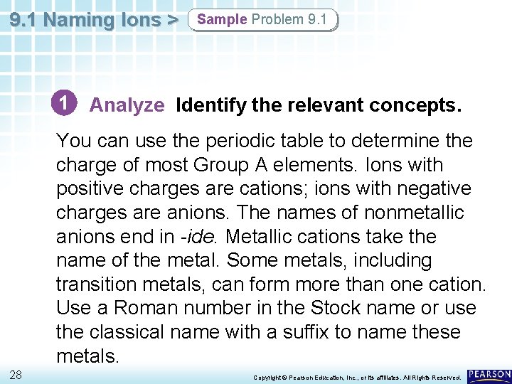 9. 1 Naming Ions > Sample Problem 9. 1 1 Analyze Identify the relevant