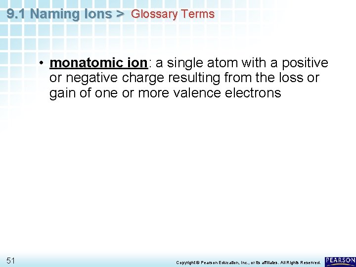 9. 1 Naming Ions > Glossary Terms • monatomic ion: a single atom with